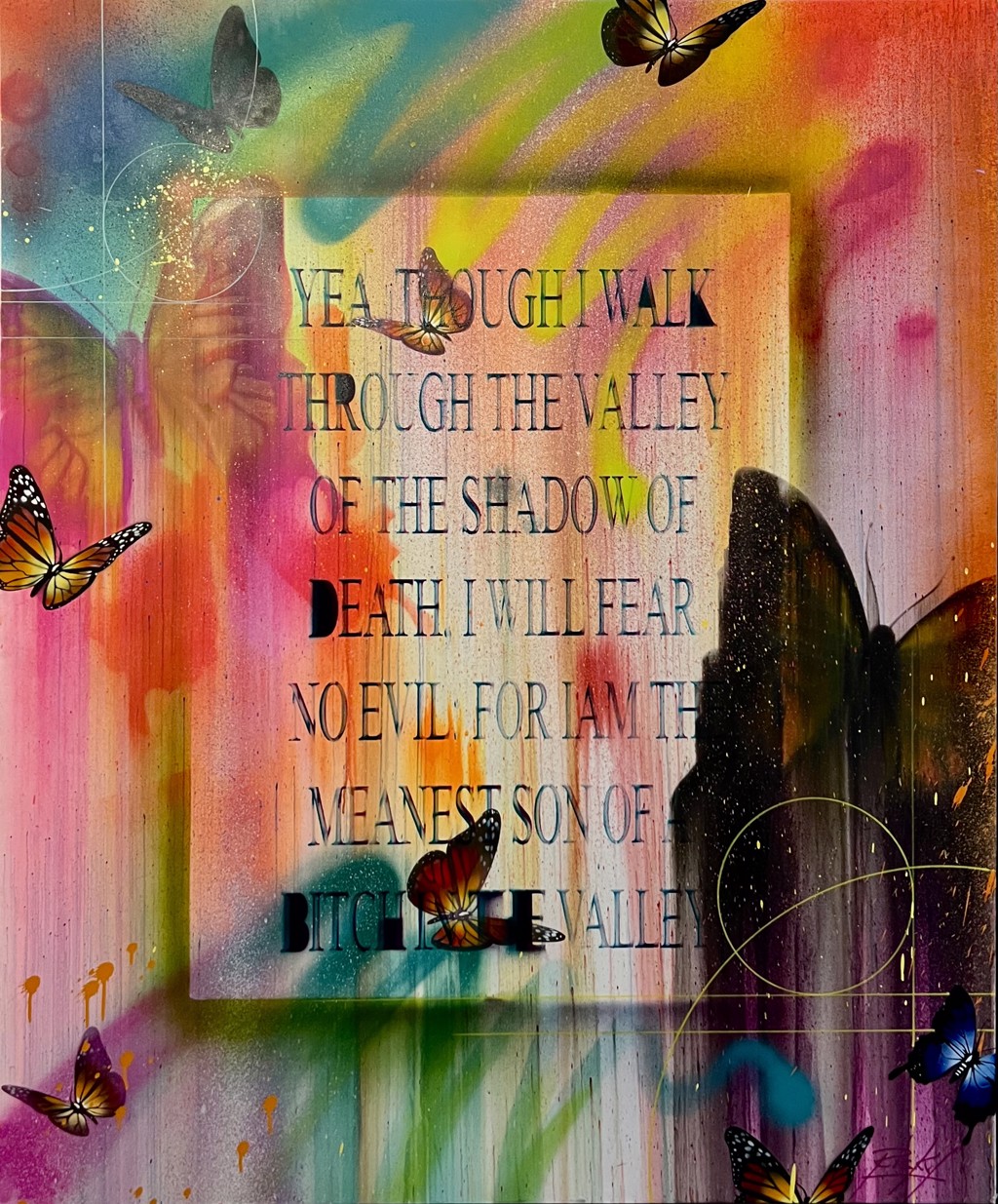 RISK Meanest SOB: black lettering surrounded by bright multicolored paint, butterflies, and large dark wing-like forms.