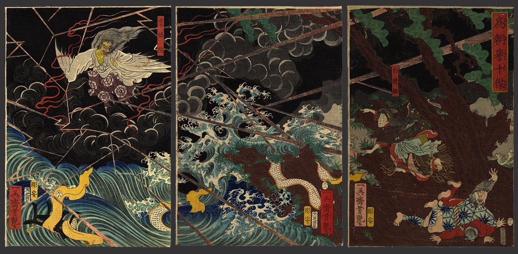 Princess Shirinui fights off the evil Sotoku-in Ten Heroes of Tametomo by Yoshitsuya