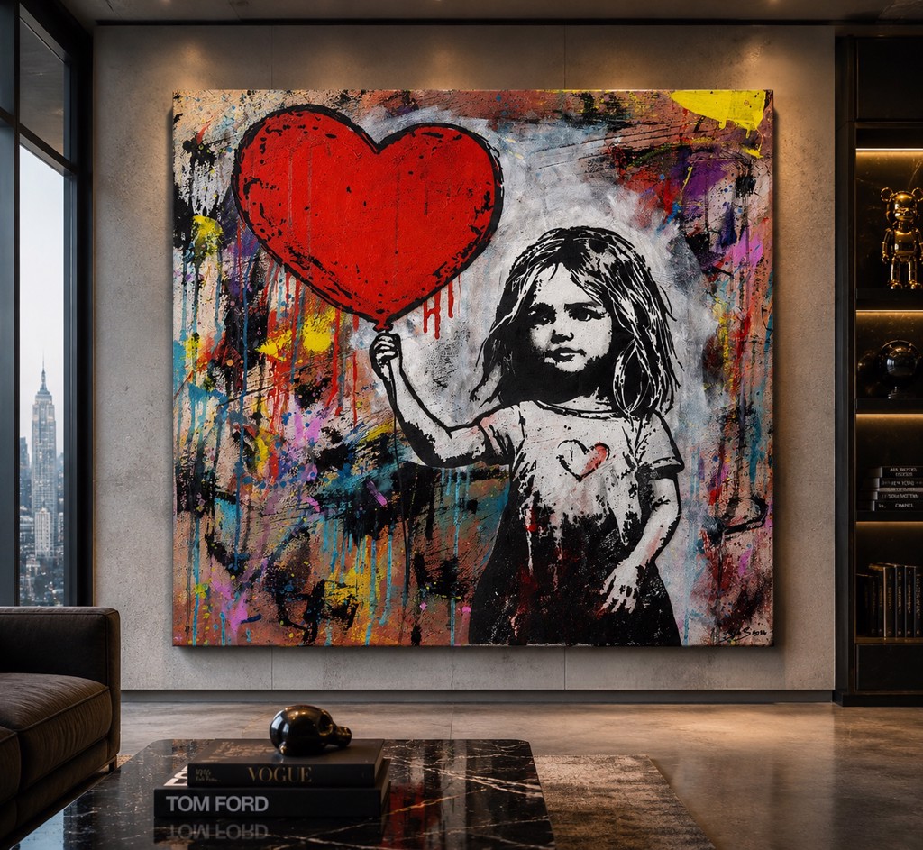 Girl with Heart Balloon (2026) by Matthew Snider — Spray paint with acrylic background on stretched canvas