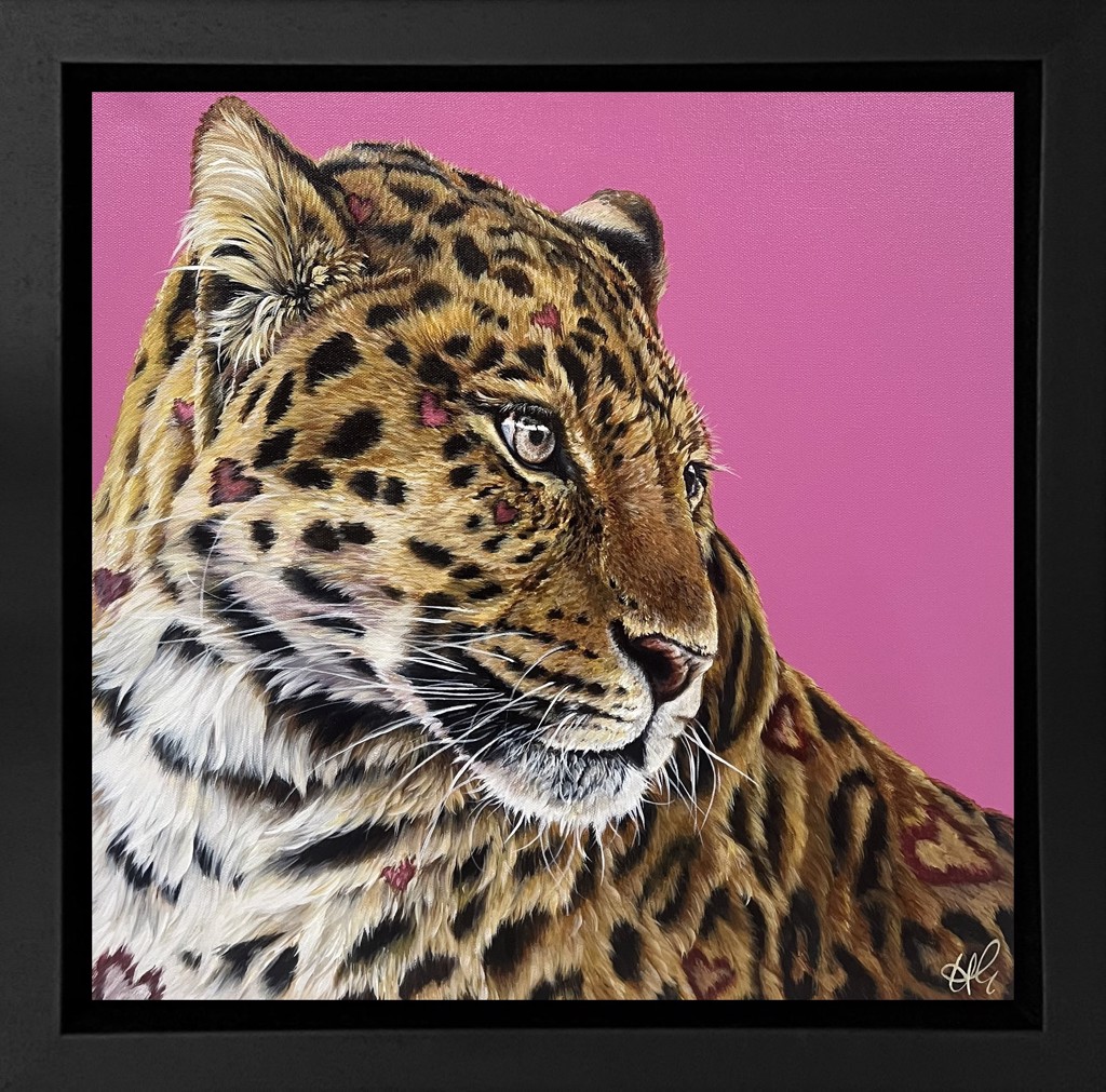 Hayley Goodhead Got My Sight Set On You: leopard looking right against a pink background with detailed spotted fur and white whiskers.