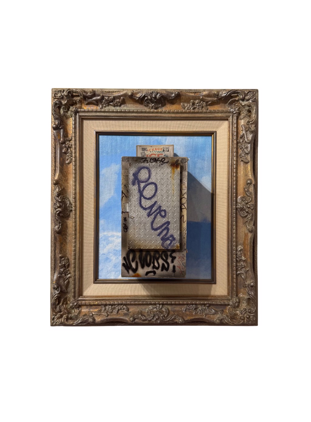Danny Cortes Stand Up Ice Box: graffiti-covered upright miniature ice box on blue backing in an ornate gold-toned frame.
