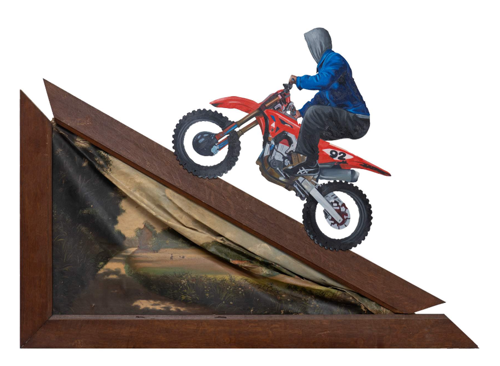 Hijack Need Some Air: a hooded rider on a red dirt bike climbs the sloping edge of a triangular framed landscape.