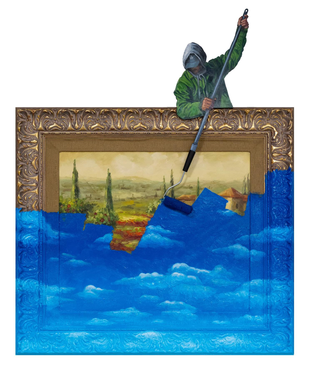 Hijack I Prefer Clouds iii: a hooded figure uses a roller to paint blue sky and clouds over a landscape and its ornate gold-colored frame.