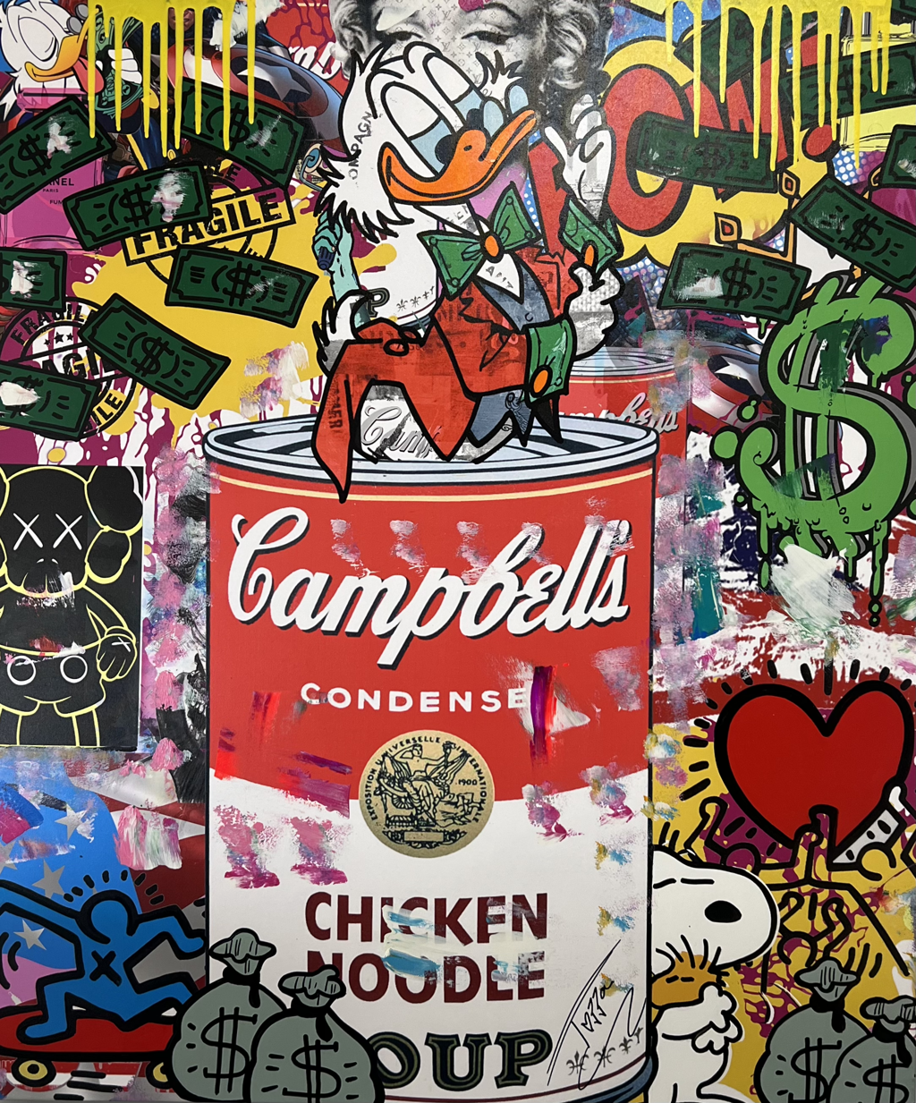 Jozza Flying Money: Scrooge McDuck above a red-and-white soup can, surrounded by banknotes, dollar signs, and colorful cartoon imagery.