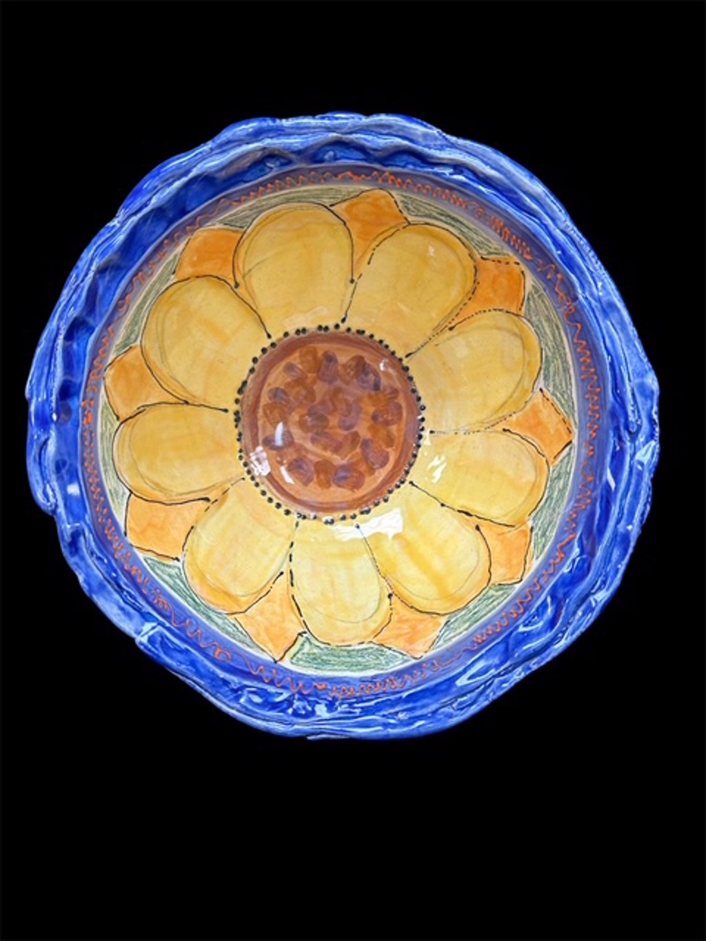 yellow sunflower/ deep blue edge tall bowl by Louise Hopson