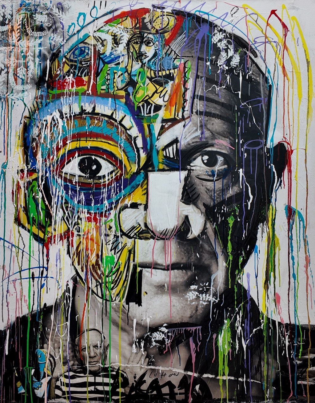 Andrew Cotton Split Picasso: split Picasso portrait combining a grayscale face with colorful angular forms, an outlined eye, small figures, and paint drips.