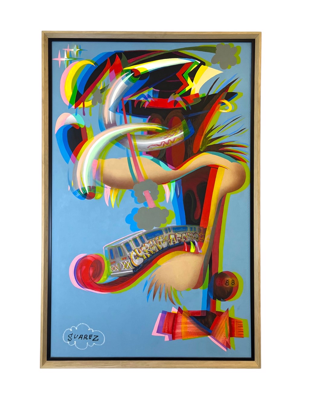 Mike Suarez Current Affair: elongated cartoon-like face with overlapping bright colors and a small train across its lower face on a light blue background.