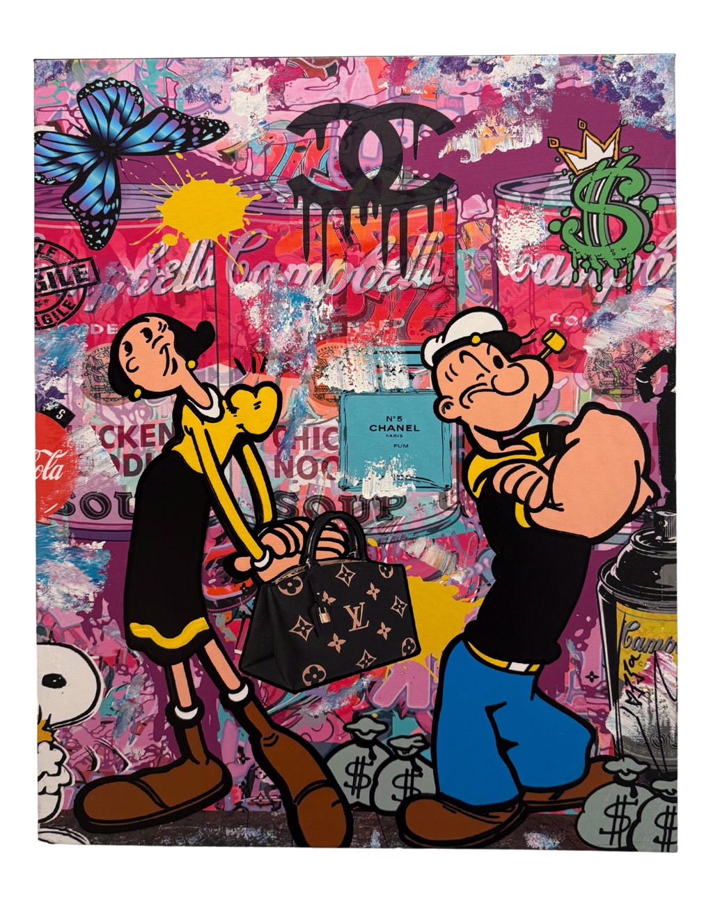 Jozza, L.V. Bag: Olive Oyl with a patterned handbag beside Popeye against a pink and red graphic background.