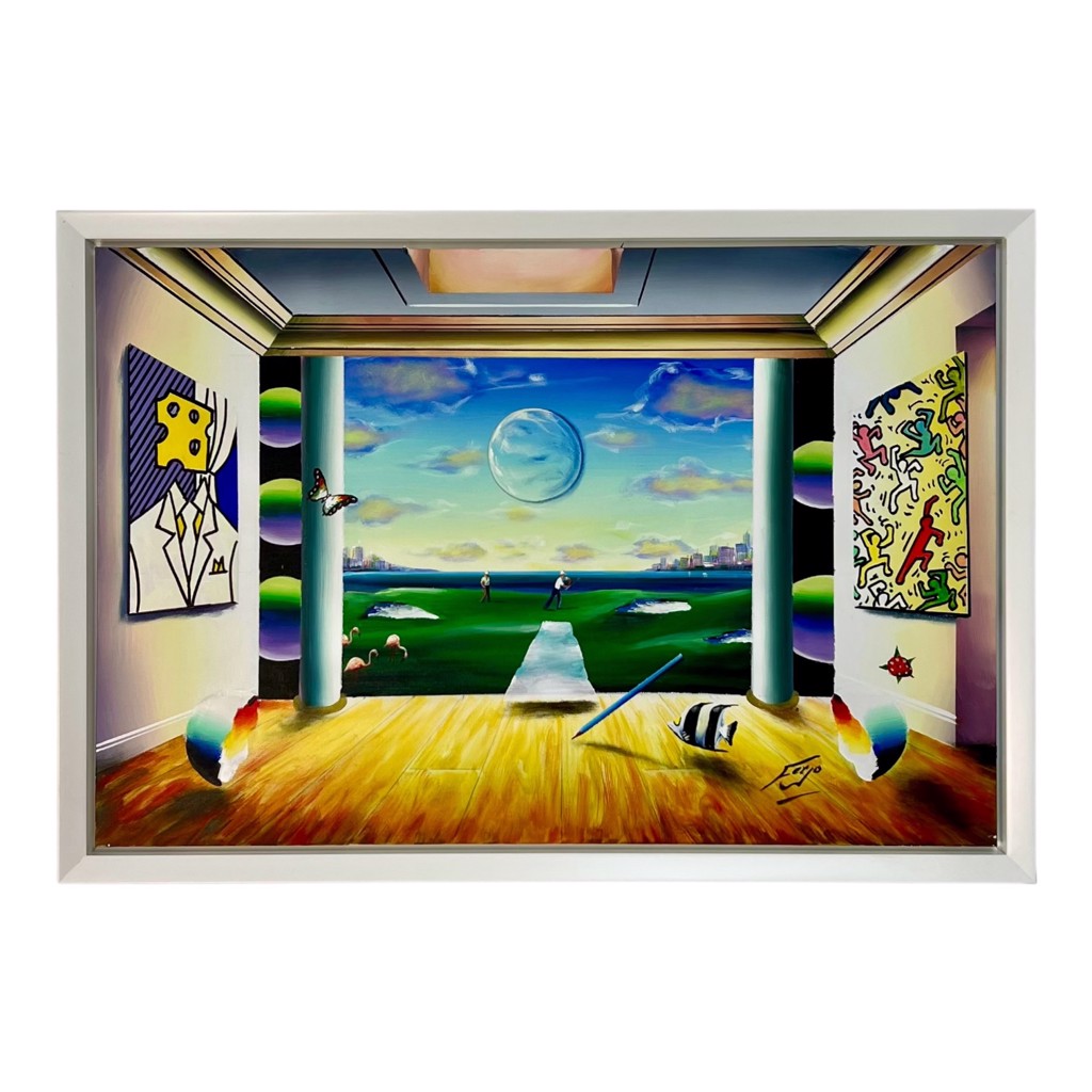 Ferjo The View Beyond the Canvas: surreal gallery room opening onto green landscape and blue sky with a floating sphere, striped fish, and columns.