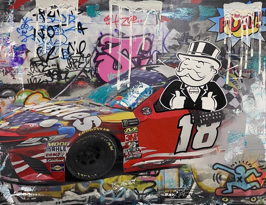 Jozza, He Got Ride!: top-hatted Monopoly figure beside a red number 1 race car amid lettering, white drips, and a POW burst.