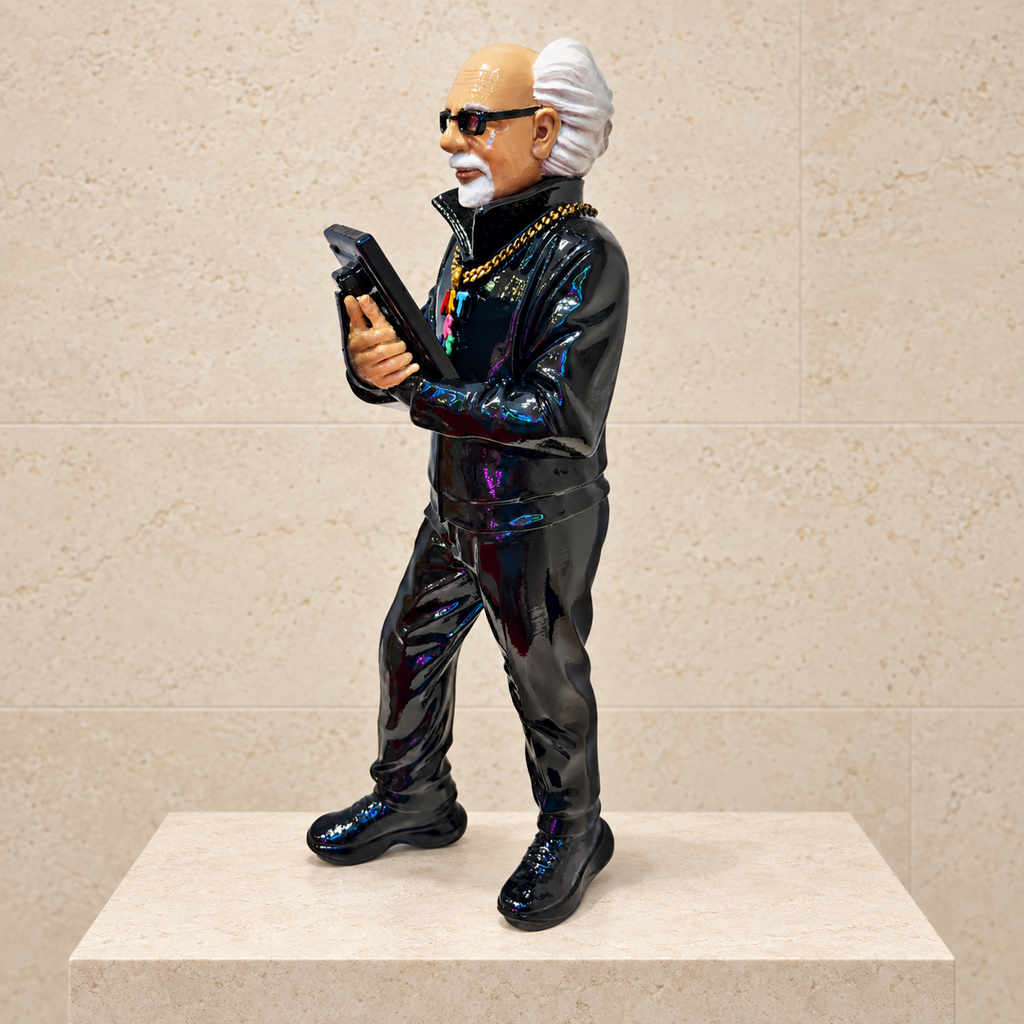 Matthew Snider MARKET SAVANT™ Original Hand-Painted 18-Inch Sculpture: Peter Tuchman with white hair and sunglasses, holding a device and wearing a glossy dark outfit with colorful accents.