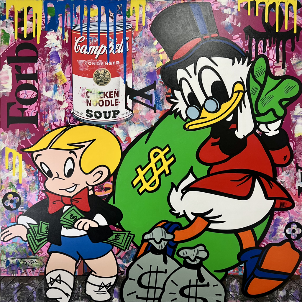 Jozza Green Day: Scrooge McDuck with a green money bag beside a blonde cartoon child and banknotes on a layered pop-art background.