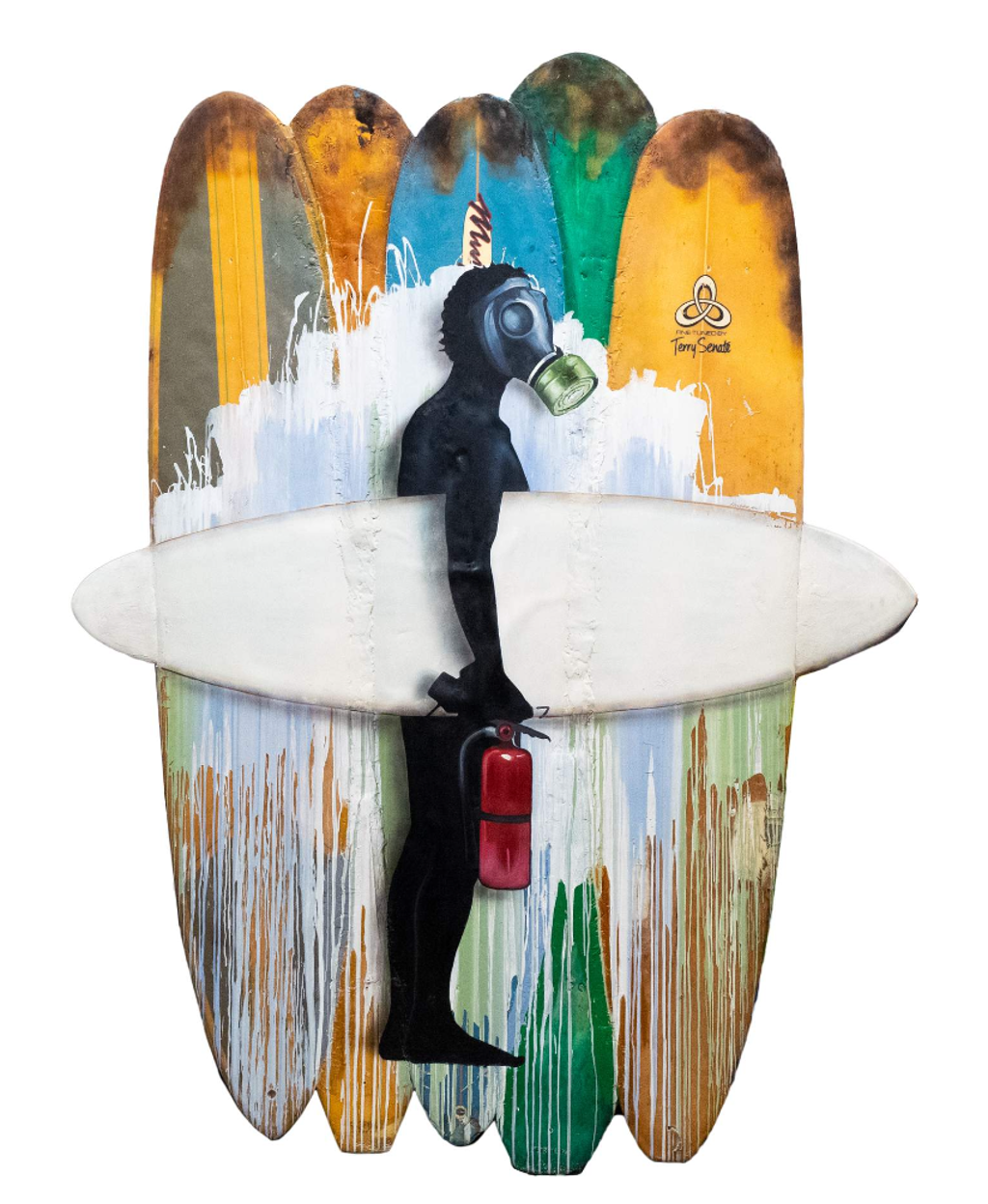 Hijack Surfer: a dark figure carries a white surfboard across vertically arranged boards painted in yellow, blue, green, and white.