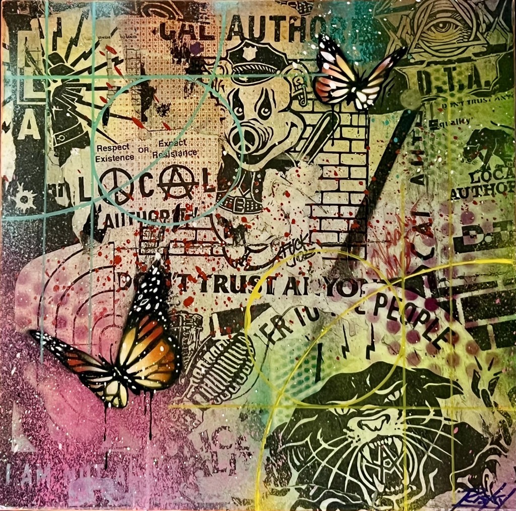 RISK DTA x Travis Barker: layered text-and-symbol collage with a gas-mask figure, looping paint lines, and orange monarch butterflies.