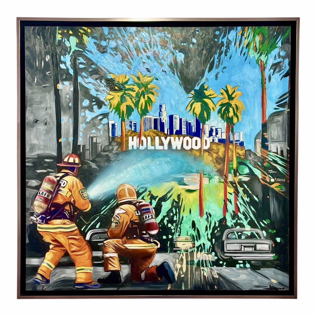 Hijack Hero's: two firefighters direct a stream of water toward a colorful Hollywood cityscape with palm trees and a blue sky.