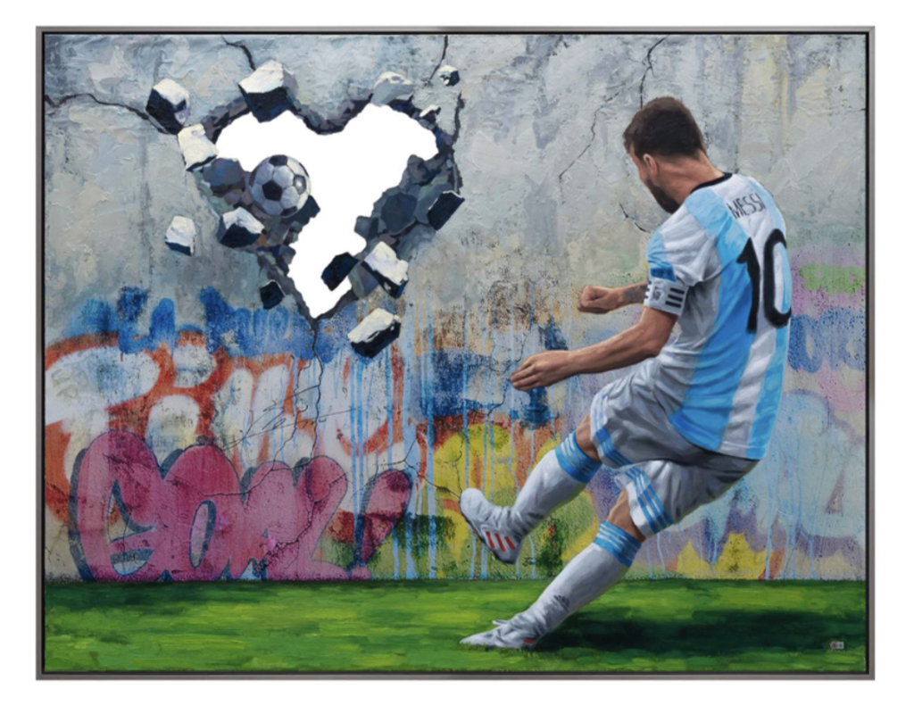 Hijack Original signed Messi: Lionel Messi in Argentina’s number 10 shirt kicks a football through a heart-shaped opening in a graffiti wall.