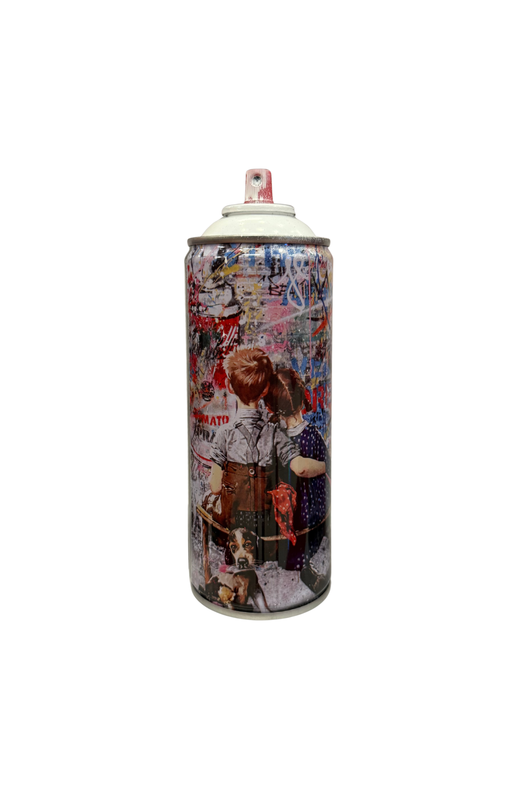 Mr. Brainwash, Work Well Together: spray can printed with two children leaning together above a small dog amid multicolored graphic layers.