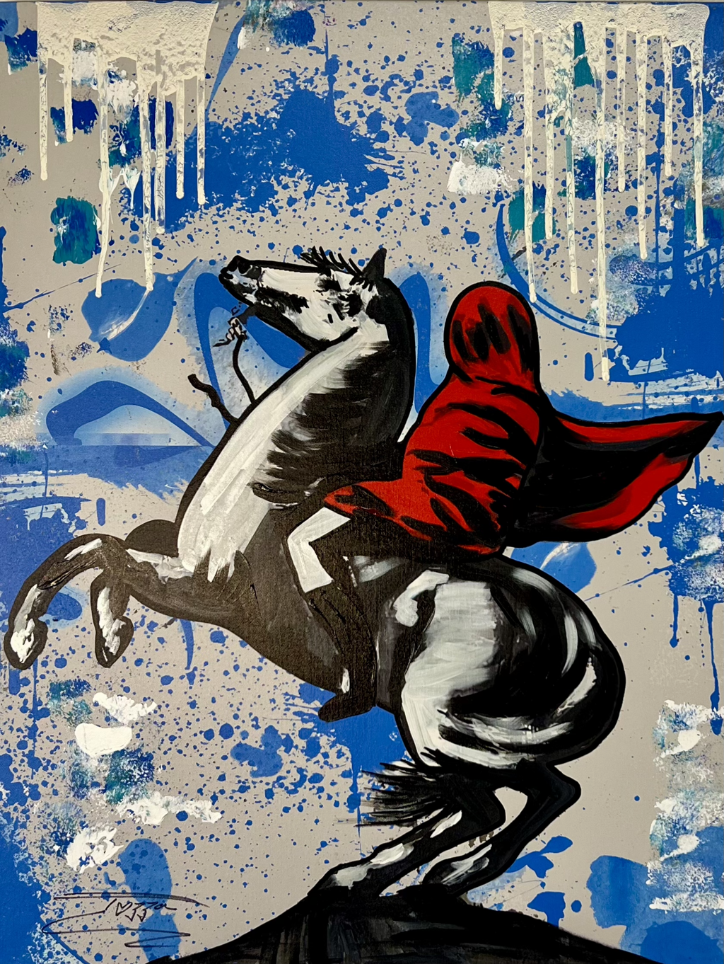 Jozza, Red Knight: red-cloaked rider on a rearing black-and-white horse against blue and cream splashes and drips.