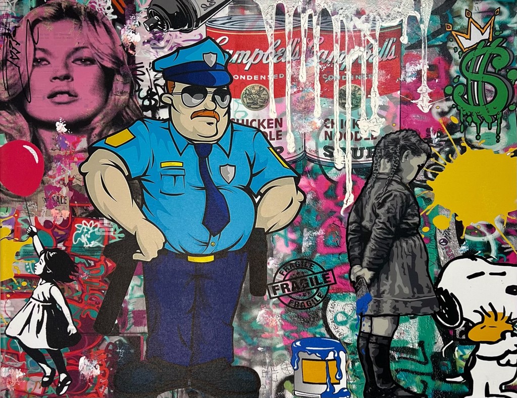 Jozza, Red Balloon: cartoon police officer among a red balloon, monochrome figures, Snoopy, and colorful layered graphics.