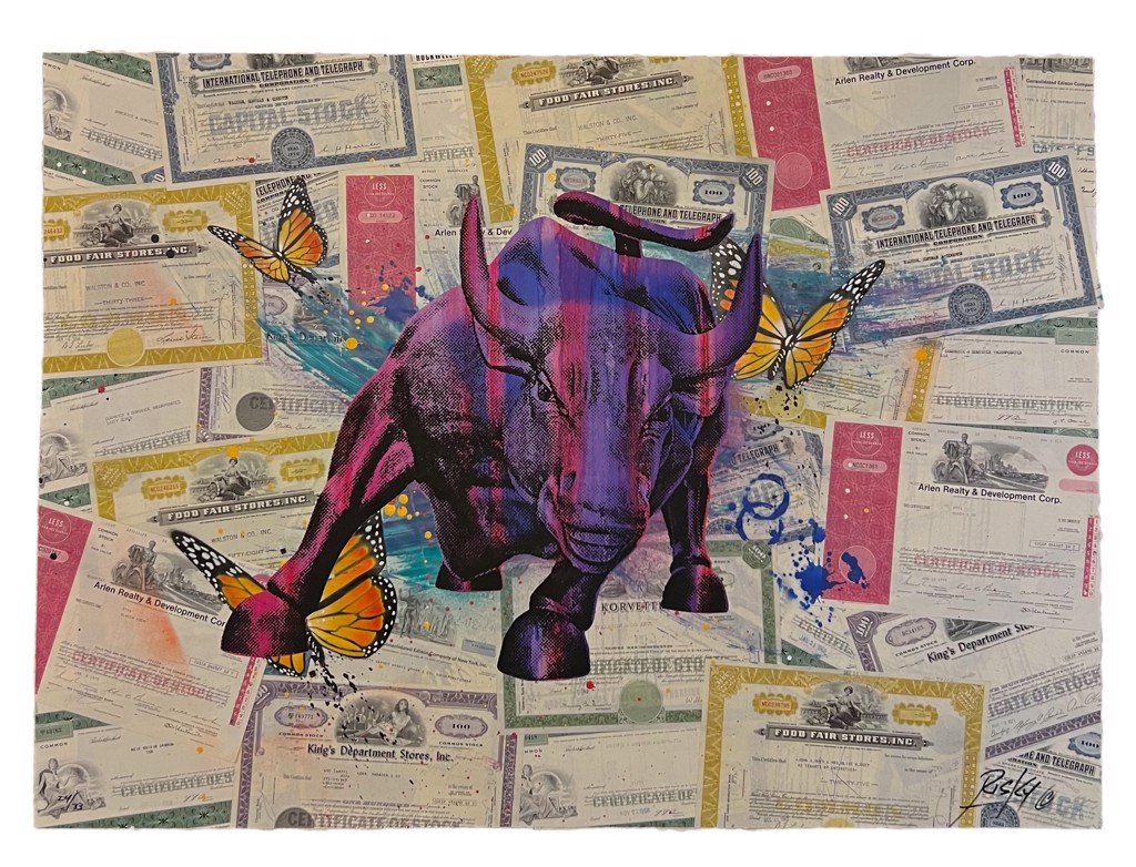 RISK Wall Street Bull #2: purple-and-magenta charging bull with three orange monarch butterflies over a stock certificate collage.
