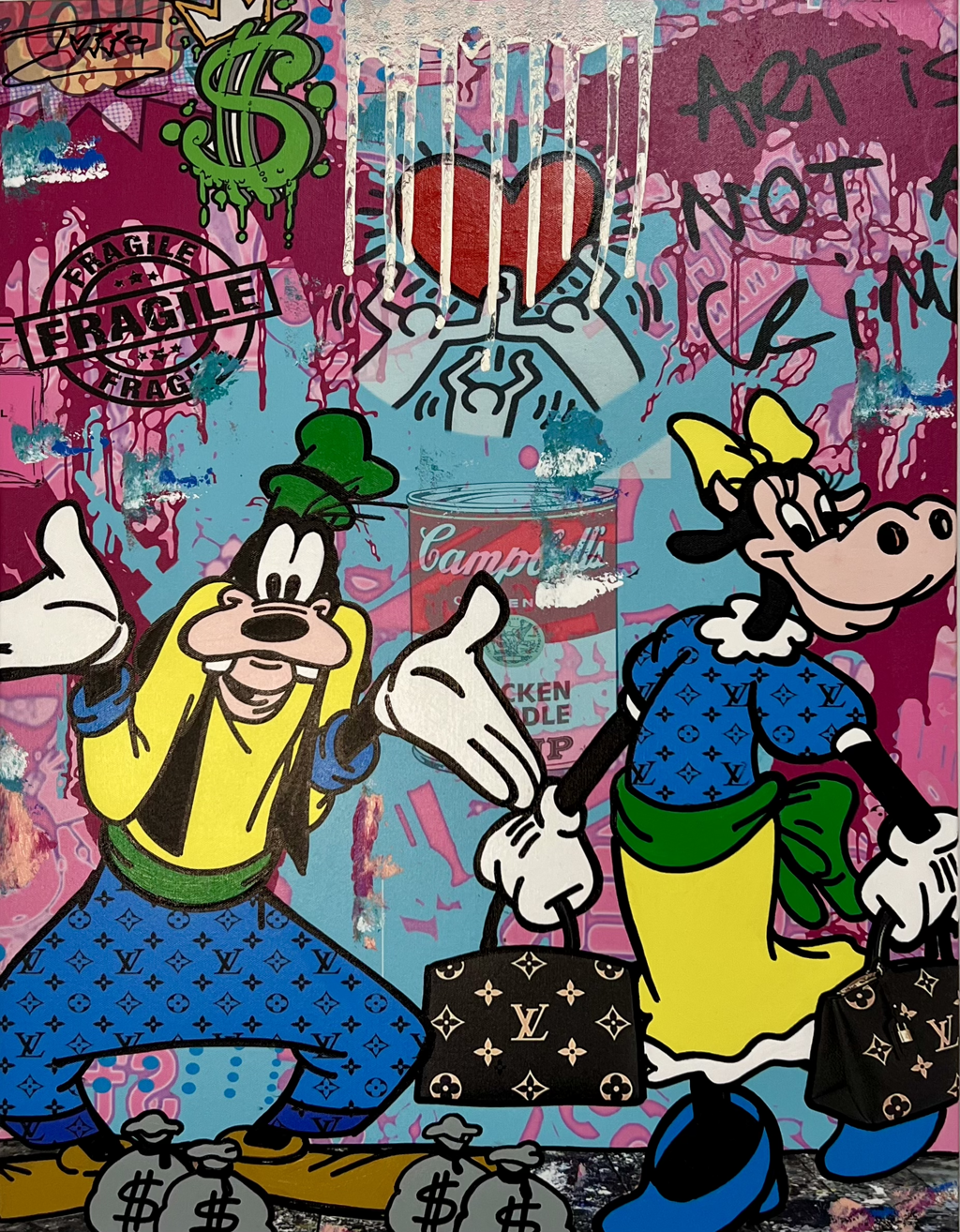 Jozza, Best Buddies: Goofy beside Clarabelle Cow carrying patterned handbags against pink and turquoise lettering and drips.