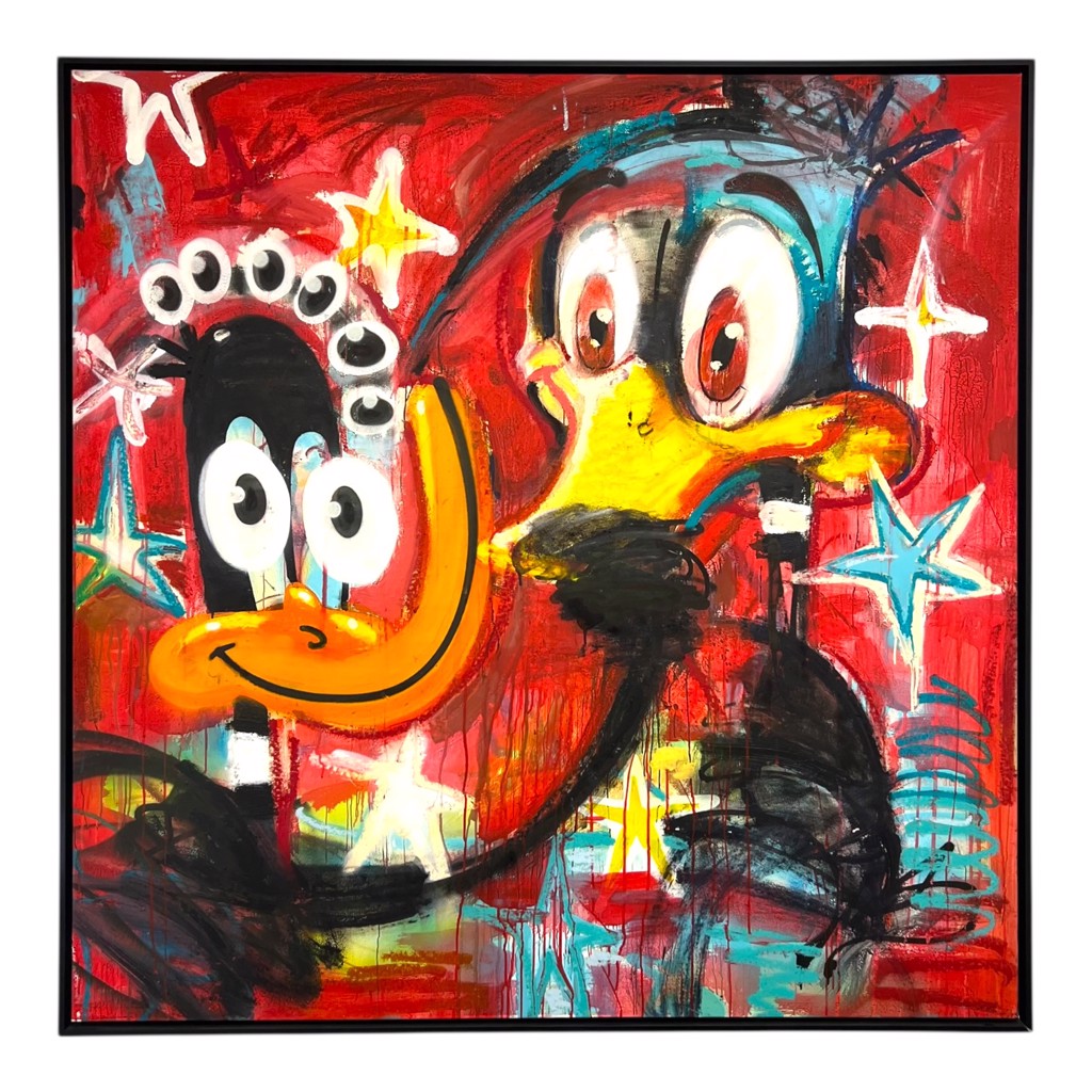 DosX Split Personality by Dos-X - Ft. Mike Suarez: two cartoon duck faces against red brushwork with white stars and turquoise accents.