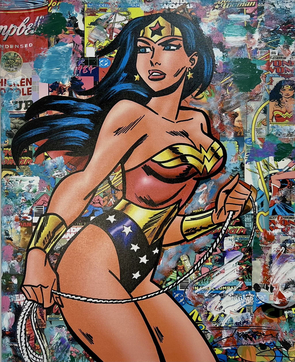Jozza, Wonder Woman 2: Wonder Woman holding a lasso against dense blue, green, and multicolored graphic layers.
