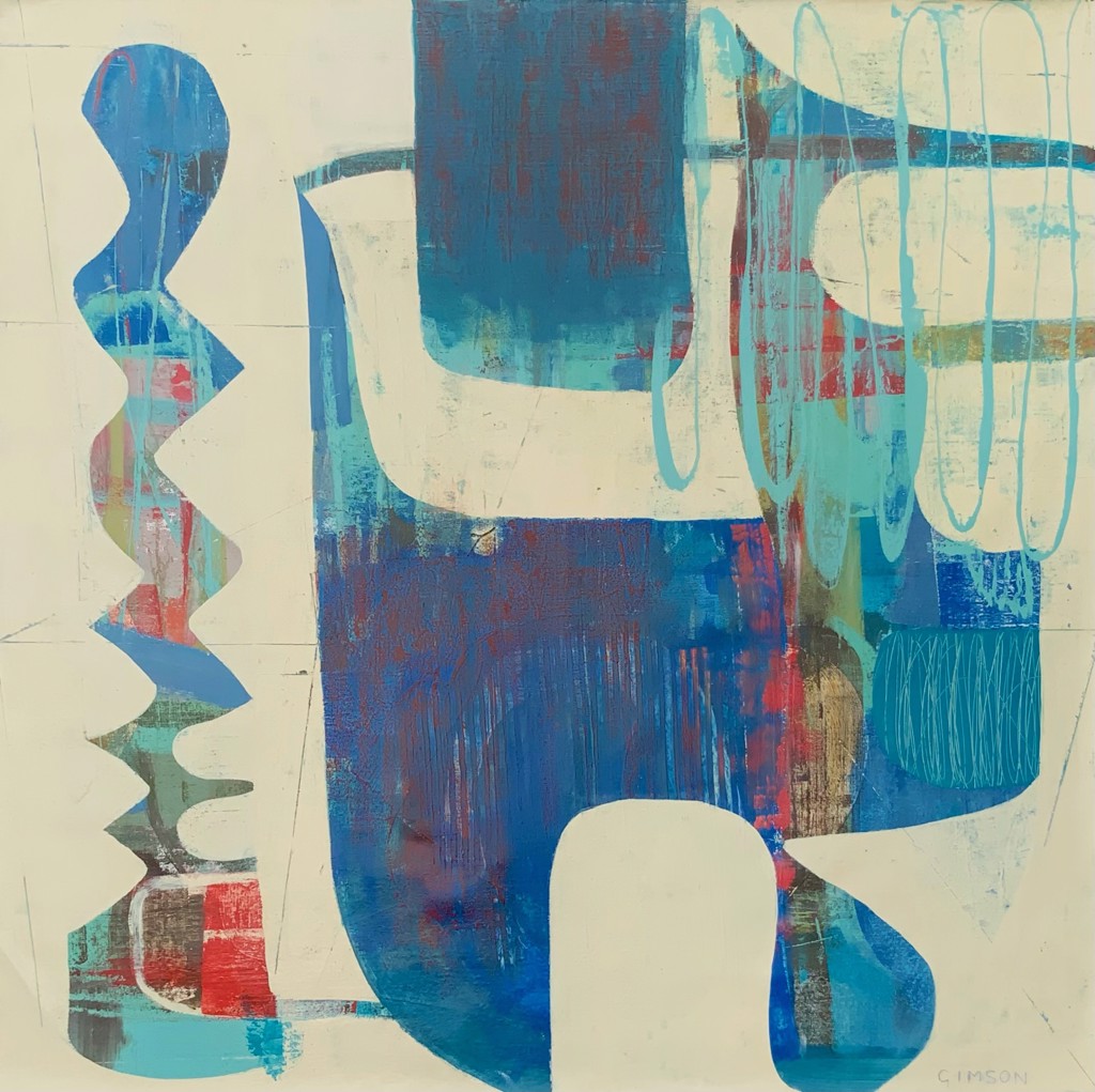 Mixed media abstract of blue and turquoise shapes punctuated by spots of red against an off-white background.