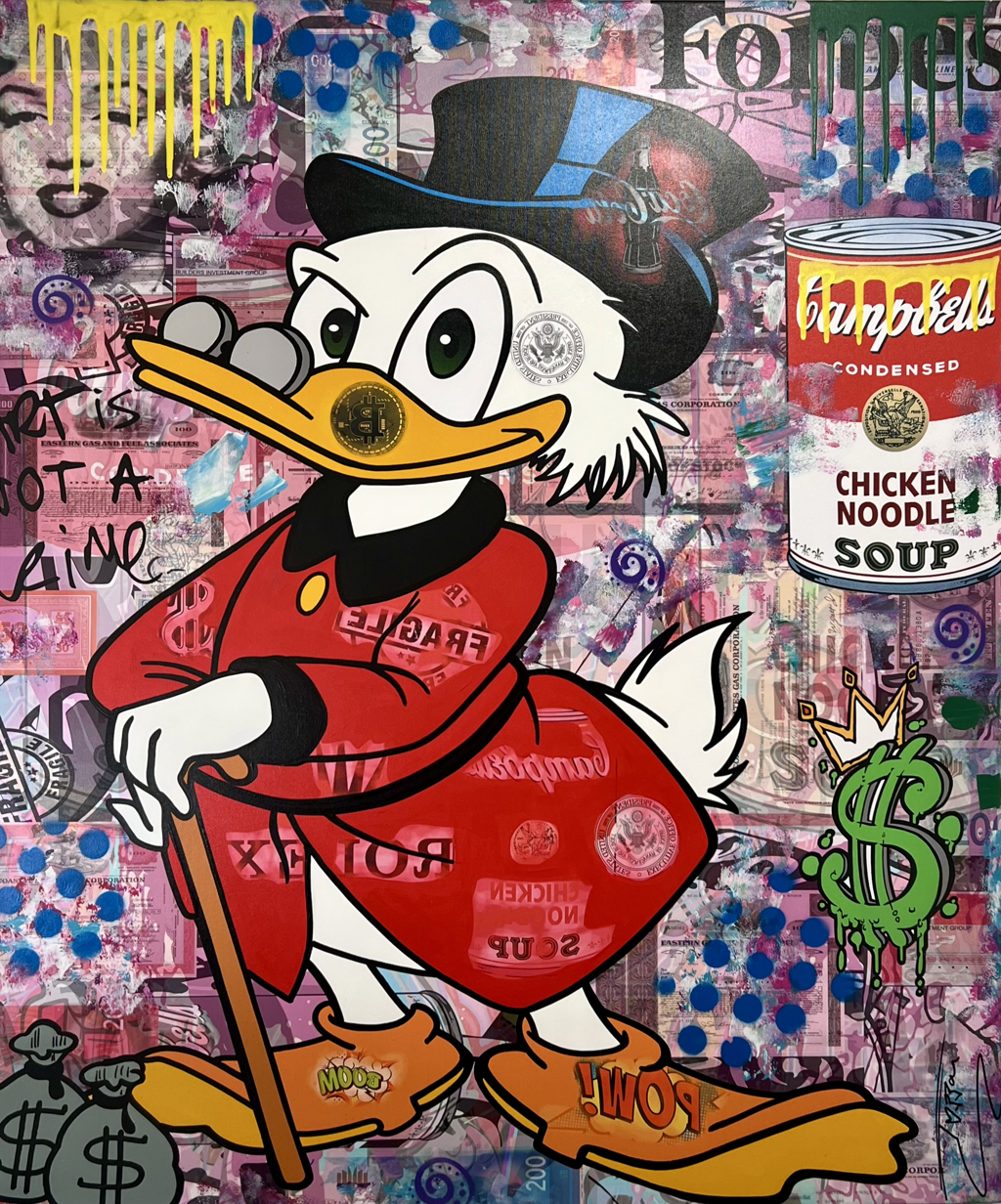 Jozza Scrooge McDuck: Scrooge McDuck in a red coat and black top hat with a cane, dollar signs, and a layered pop-art background.