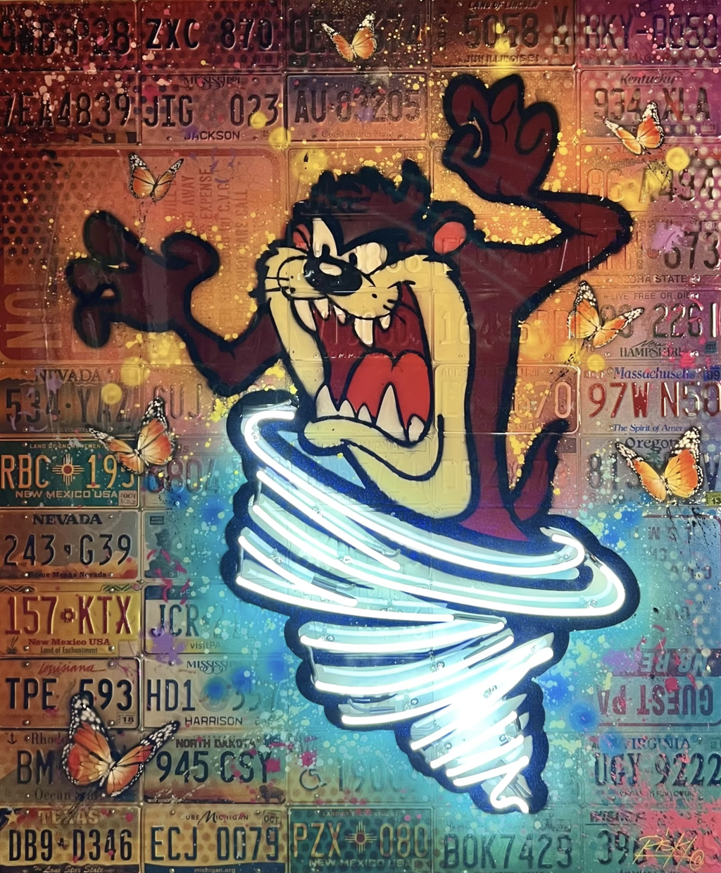 RISK Risky Taz: the Tasmanian Devil emerges from a glowing blue-white spiral against a multicolored license-plate background.