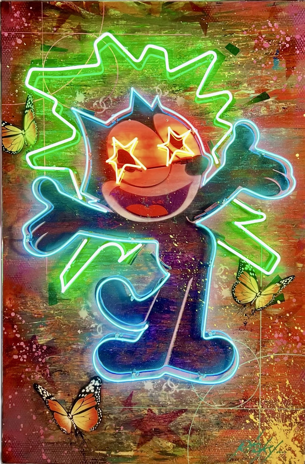 RISK Risky Felix: a smiling cartoon cat with star-shaped eyes, outlined in neon before a green burst and a painted background with butterflies.