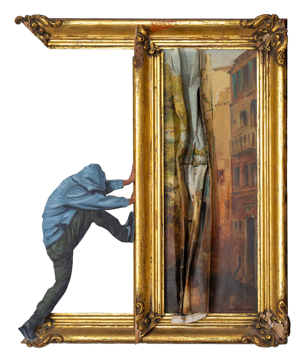 Hijack Pushing Boundaries: blue hooded figure pushing the side of a gold-colored frame around a compressed city scene.