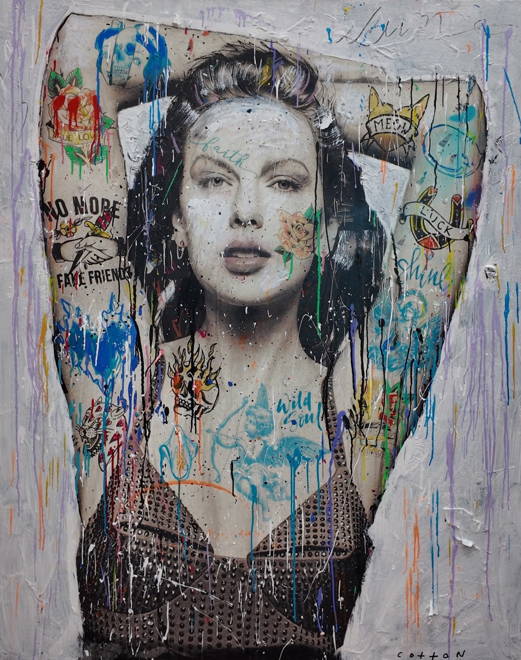 Andrew Cotton Bad Swift: Taylor Swift portrait with raised arms, tattoo-like roses and symbols, blue lettering, and multicolored paint drips.