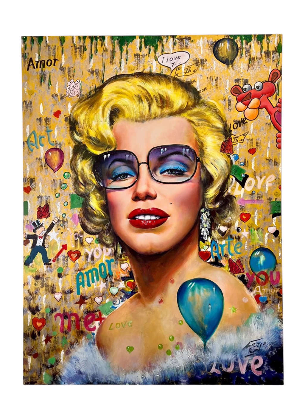 Ferjo Love, Marilyn: Marilyn Monroe in oversized purple glasses surrounded by hearts, balloons, and colorful lettering.