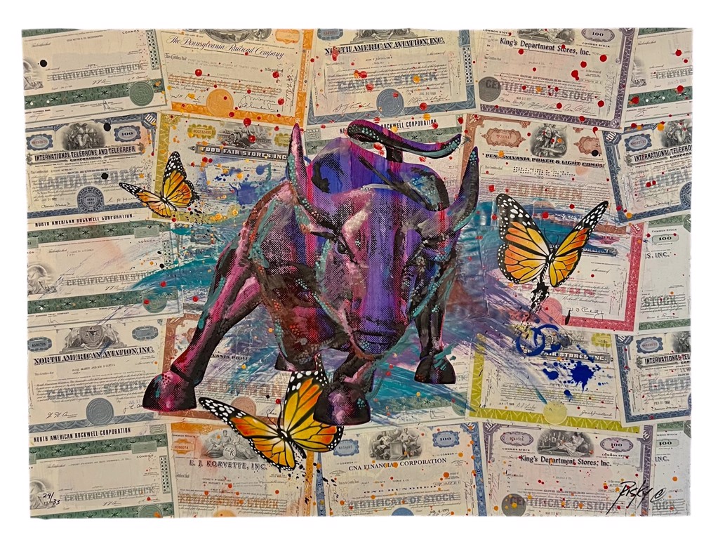 RISK Wall Street Bull: pink-and-purple charging bull with orange monarch butterflies over vintage stock certificates.