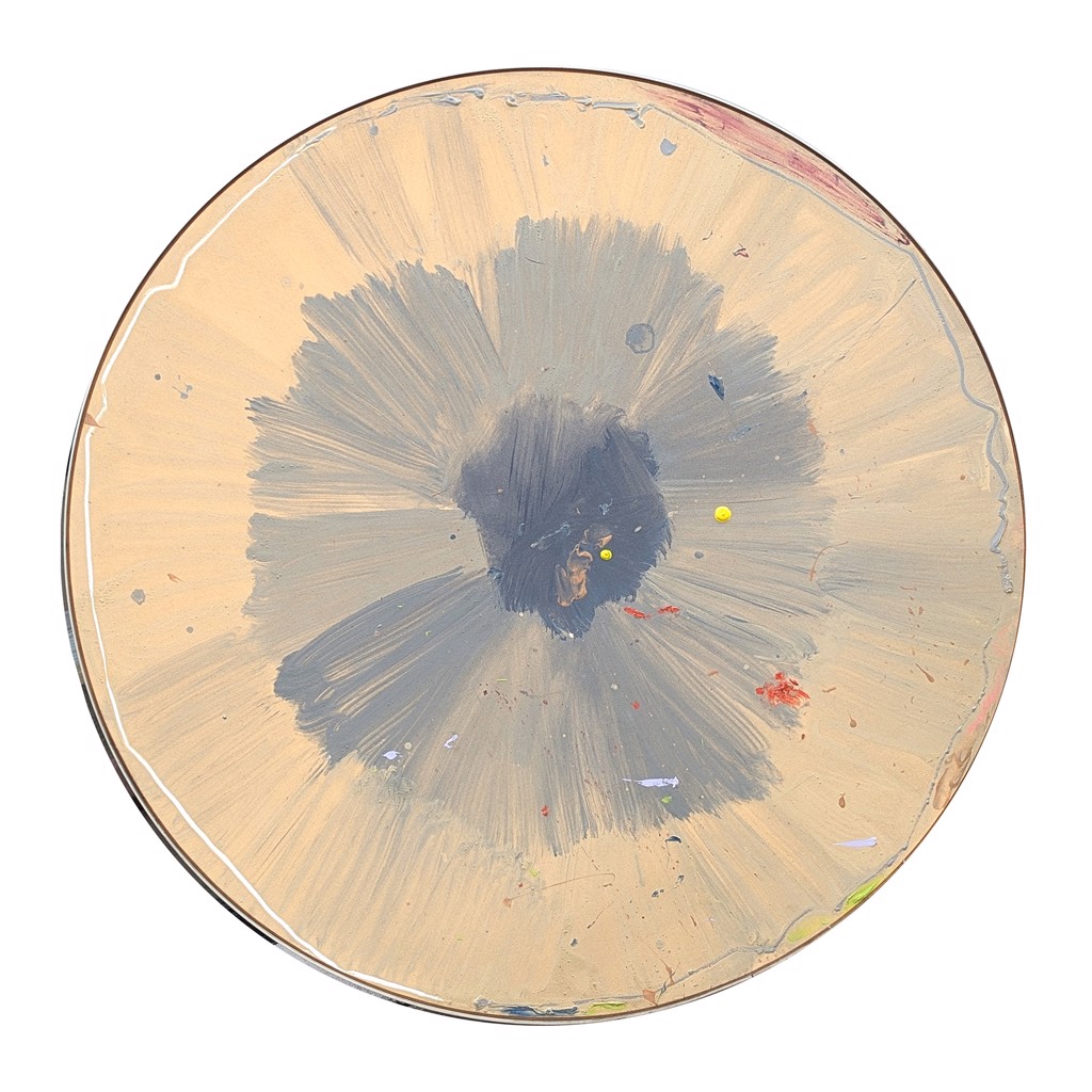 "Reel" Modern Abstract Neutral Toned Circular Shaped Canvas Painting by Darryl Hughto