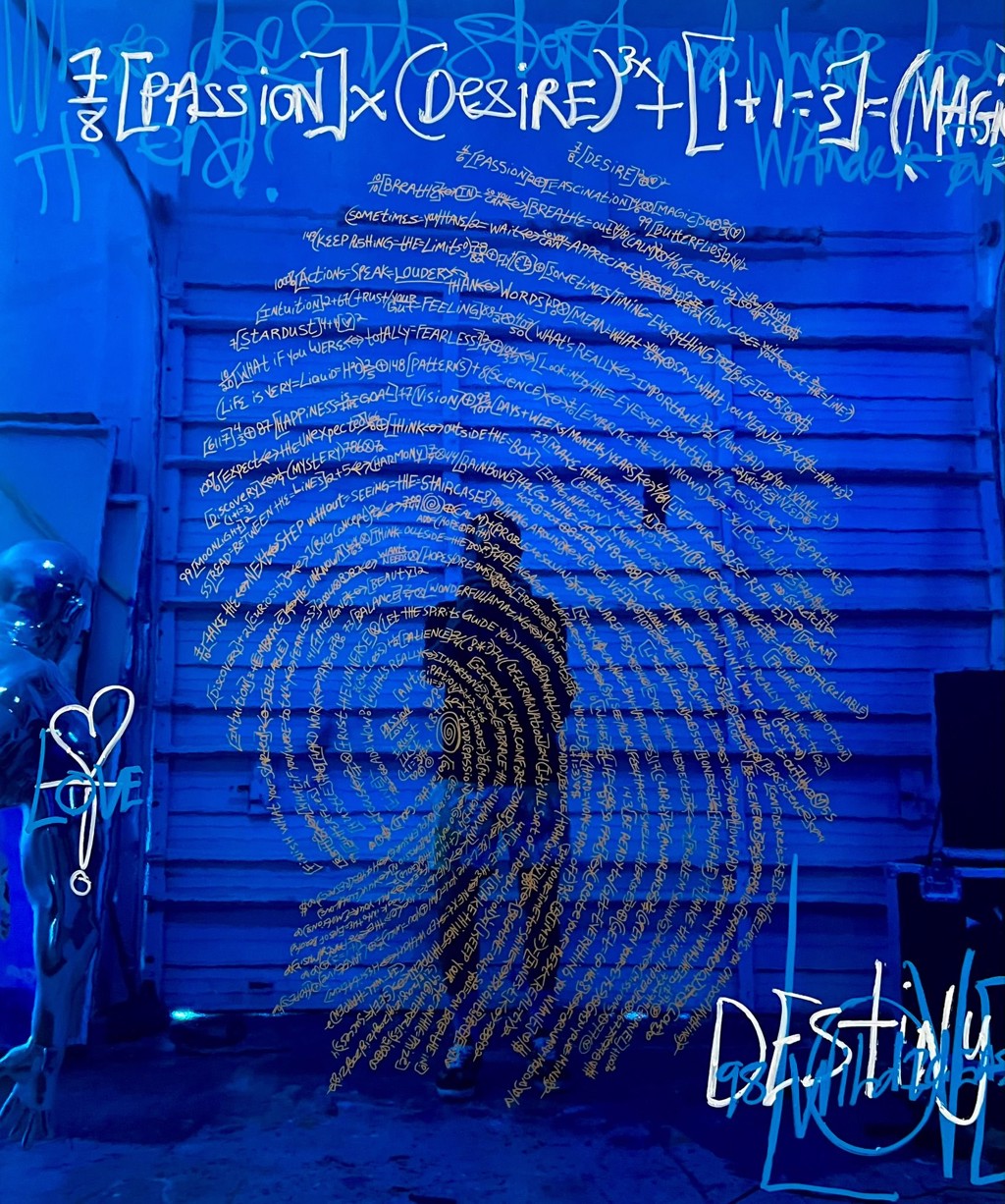 Brendan Murphy Just In Case: a gold-script fingerprint fills a blue reflective panel, with white equations above and handwritten words around it.
