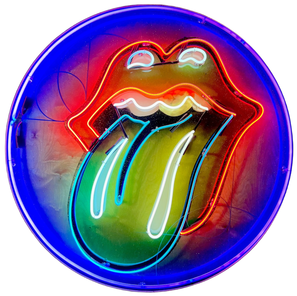 RISK Rolling Risky Gold Tooth: neon outlines red lips and a green-gold tongue on a circular panel with a glowing blue rim.