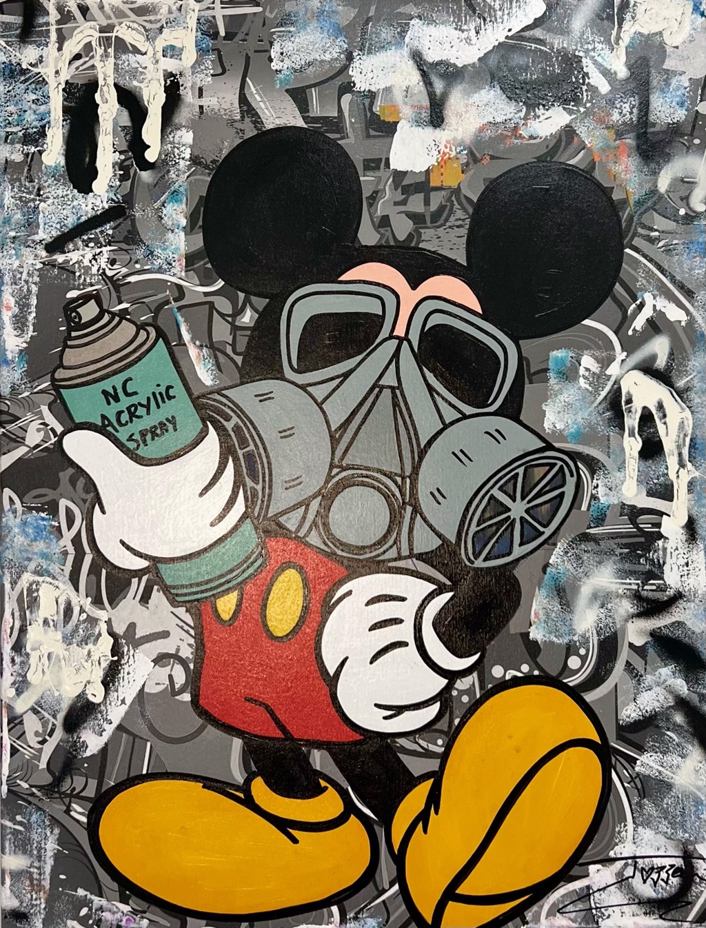 Jozza, Spray Day: Mickey Mouse wearing a respirator and holding a spray can against black, white, and gray graphic layers.