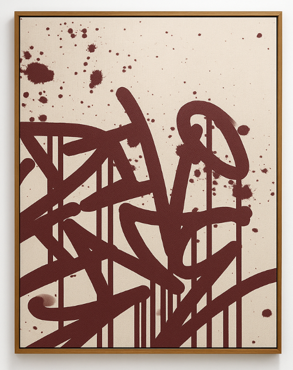 Tom Kiewra Divine: burgundy angular strokes, loops, splashes, and vertical drips on a pale canvas in a wood frame.