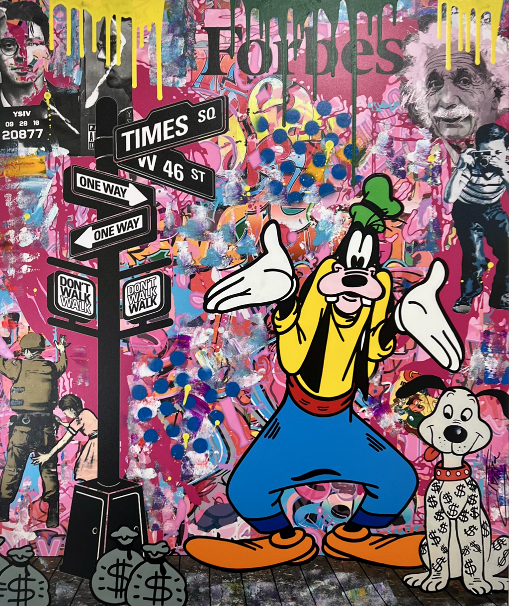 Jozza One Way!: Goofy beside New York street signs against a pink, yellow, and blue layered pop-art background.