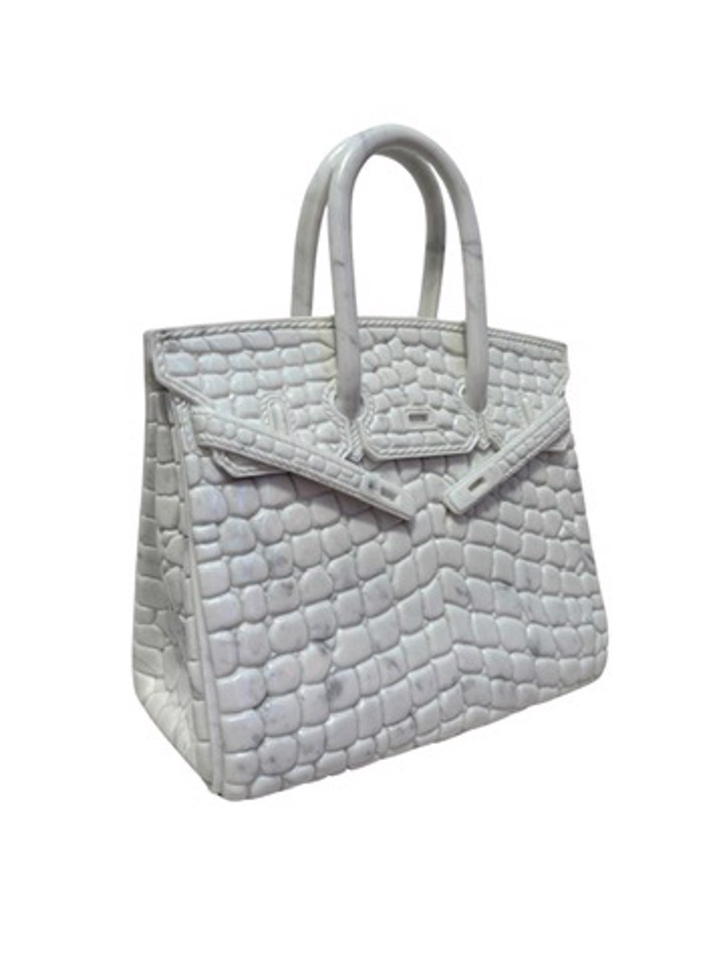 Ayden Snider Hermes Marble Crocodile Birkin: white marble handbag sculpture with curved handles and crocodile-patterned texture.