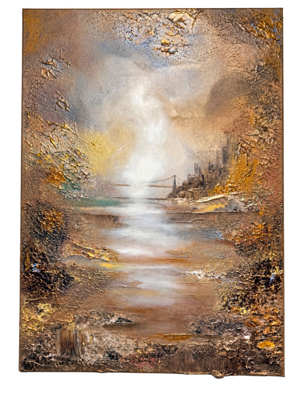 Inga Zurabiani When NY Glowed: Misty pale center with horizontal reflections framed by textured gold and brown forms.
