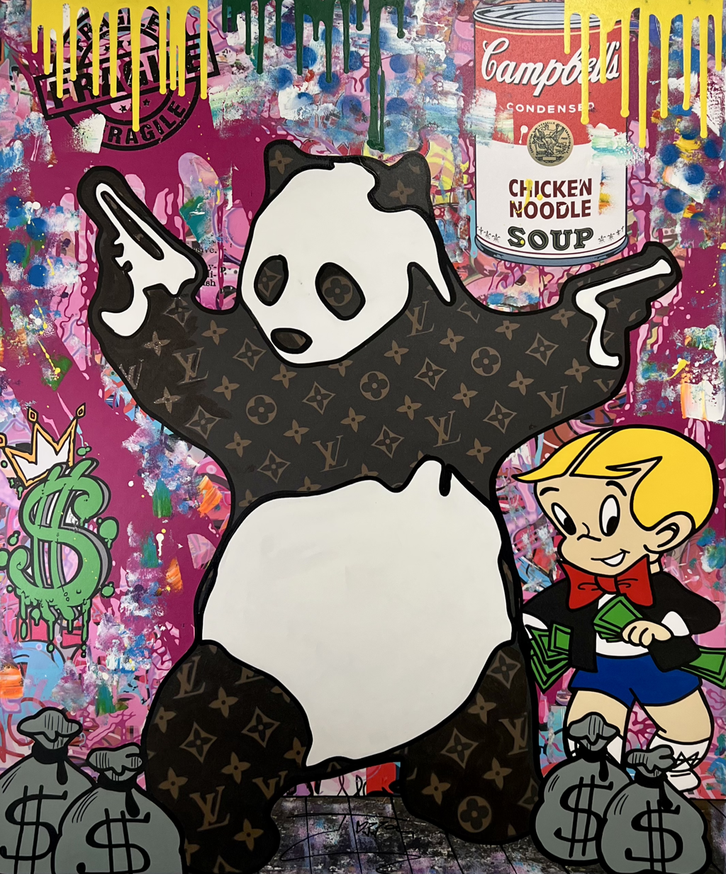 Jozza Panda Best Friend: Black-and-white panda with raised arms beside a blonde cartoon child, money bags, and colorful layered graphics.