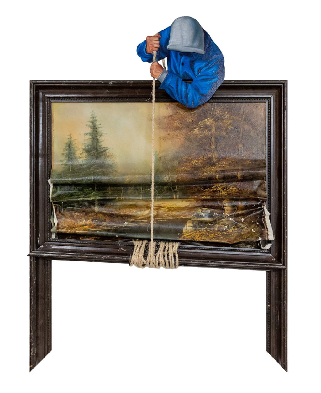 Hijack Uplifting: a hooded figure in blue pulls a rope over a dark frame, gathering a landscape image upward like a window shade.
