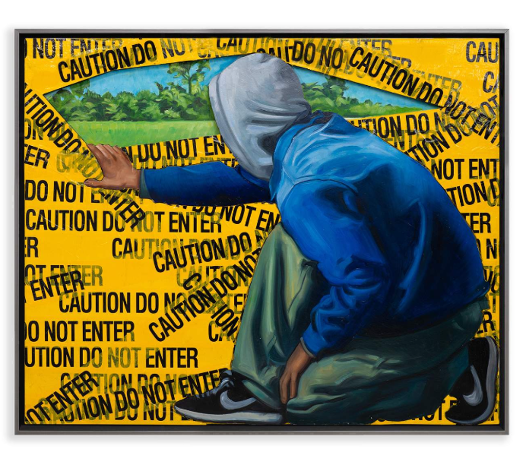 Hijack Long Distance Admirer: a crouching hooded figure peers through yellow caution tape toward a green landscape.