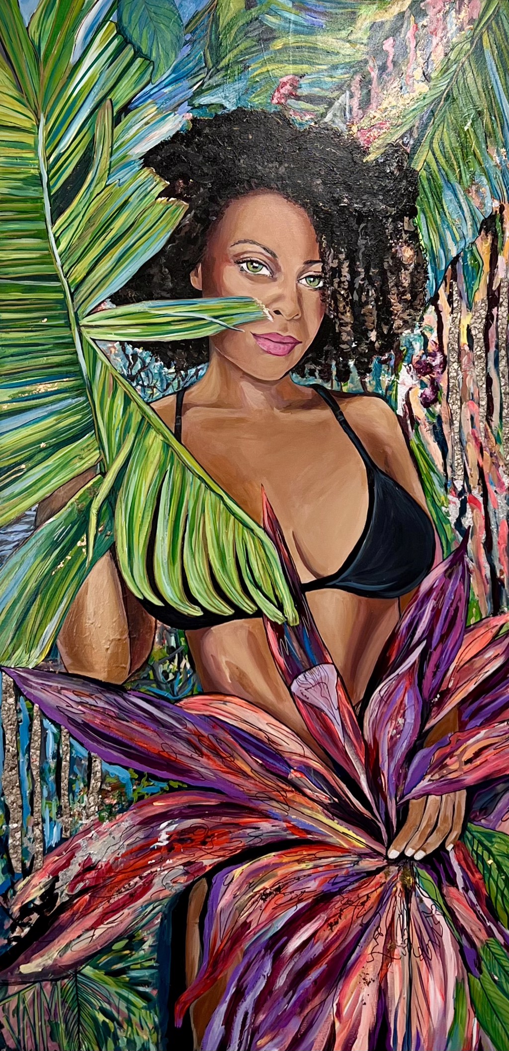 Julianne Marangi Jennyfer - Lady in the Leaves: woman in a black bikini framed by green palm leaves and purple-red tropical foliage.