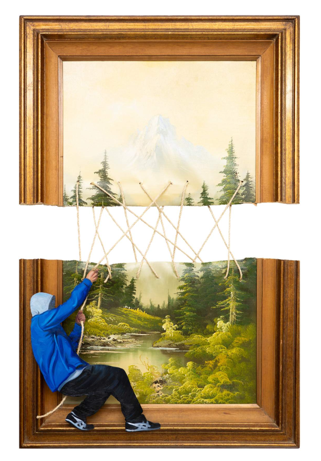 Hijack Pull It Together: a blue-hooded figure pulls cords connecting the separated halves of a gold-framed landscape.