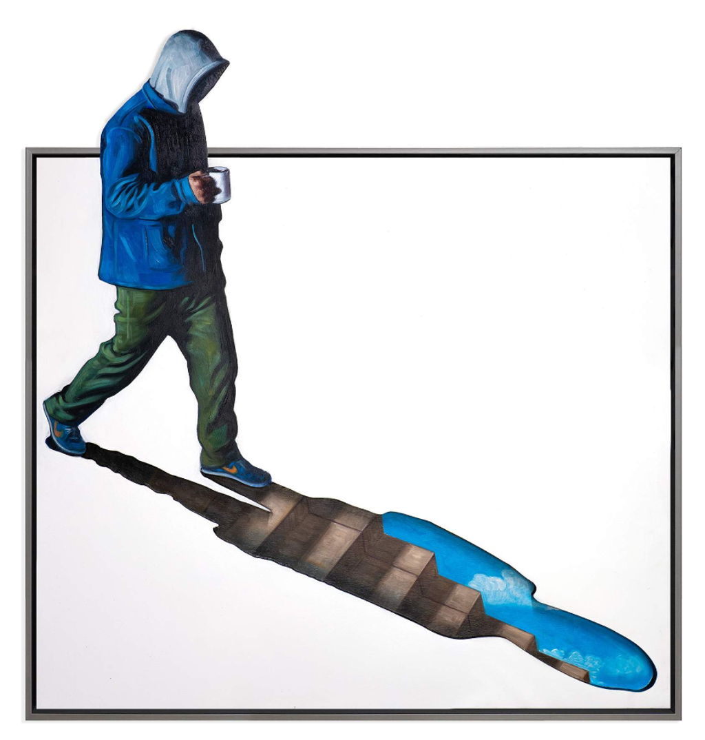 Hijack Within Your Shadow: a hooded figure walks above a long diagonal shadow containing a blue-sky landscape.