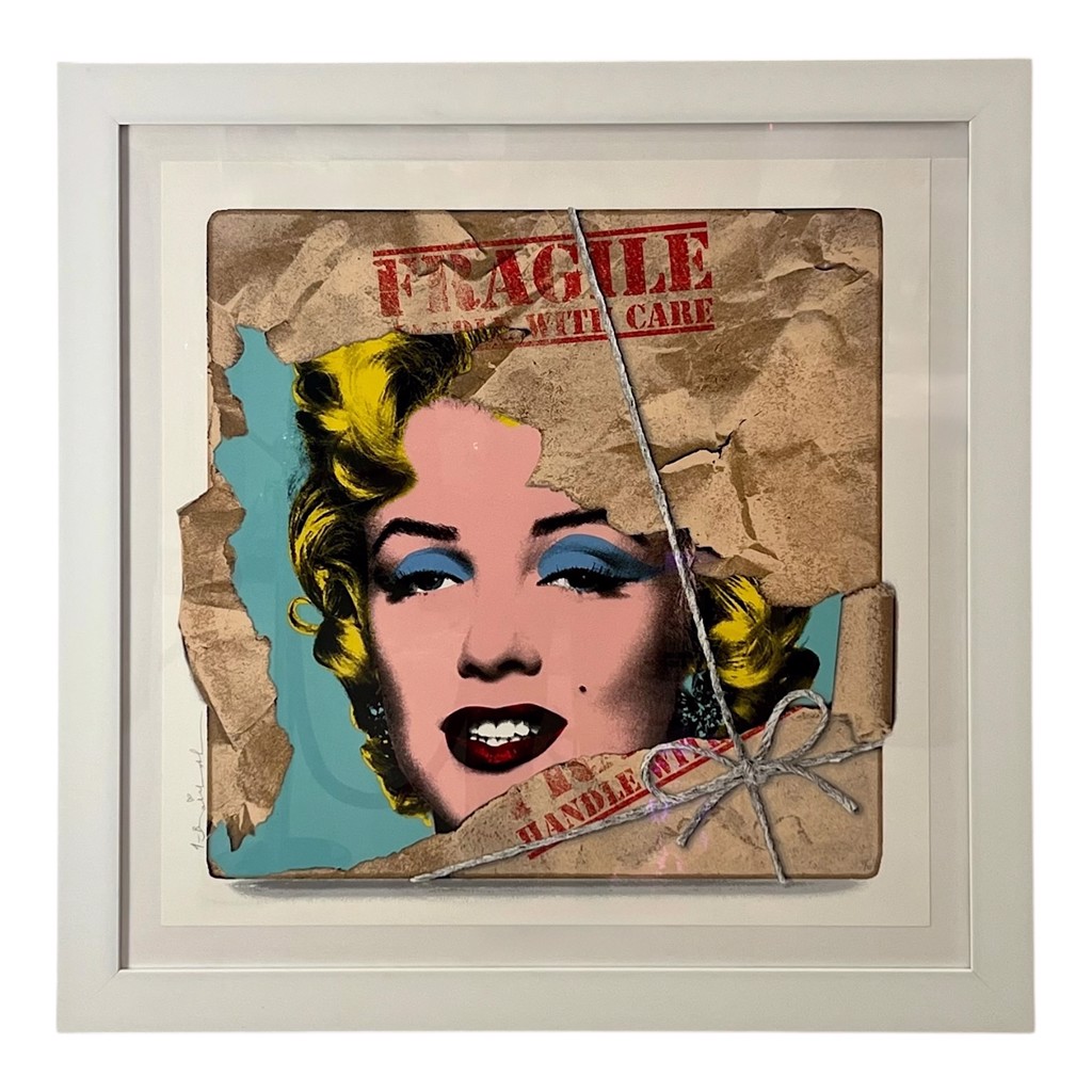 Mr. Brainwash Monroe POPfolio Limited Edition: Marilyn Monroe portrait appearing through torn-paper imagery with twine and red FRAGILE markings.